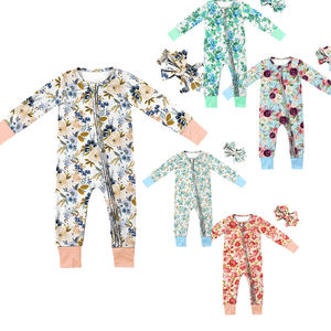 2 Stuks Kleding Set Groothandel Bloemen Baby Romper Met Hoofdband Zip Babygrow Baby Kleding 0-6 Meisjes - Product Image 1