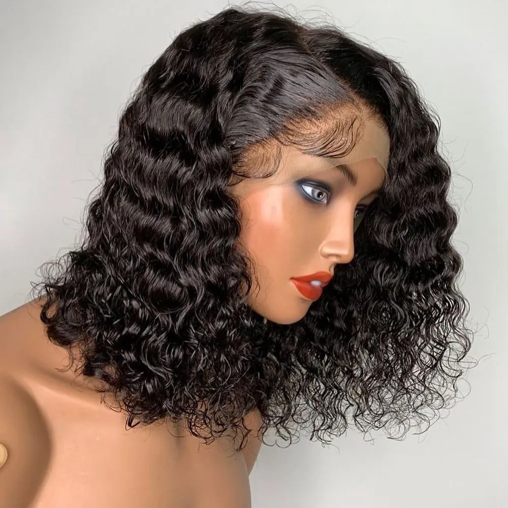 Deep Curly Wave Bob Lace Front Wig Raw Peruvian Virgin Natural Human Hair Hd Full Transparent Lace Frontal Wig For Black Women