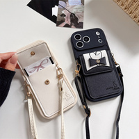 Étui de téléphone élégant avec porte-cartes en relief en forme de cœur et nœud pour iPhone 18 17 Pro Max 16 15 14 13, avec sangle bandoulière et protection portefeuille
