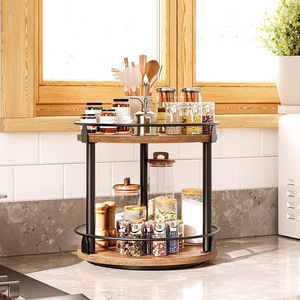 A wood and iron combined storage <b>rack</b>, double-layered and <b>rotatable</b>, suitable for kitchen countertops and <b>spice</b> <b>racks</b>; - Product Image 2