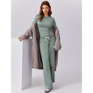 FOXA Women 2 Piece <b>Lounge</b> Set Long Sleeve Cropped Top Wide Leg Pants Breathable Casual Autumn Outfits Matching Tracksuit - Product Image 4