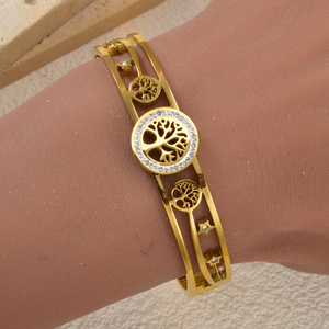 dazzling hollow life‑tree carving zircon embellished sleek bulk personnalisé 18k gold plated stainless steel <b>bangle</b> <b>bracelet</b> - Product Image 2