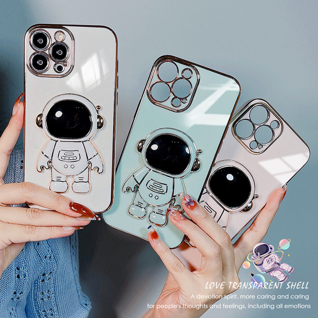 Lovely Cute 3D Astronauts Luxury Mobile Phone Case for iphone 11 12 13 14 15 16 17 Pro Max Gold Side Plating Back With Holder