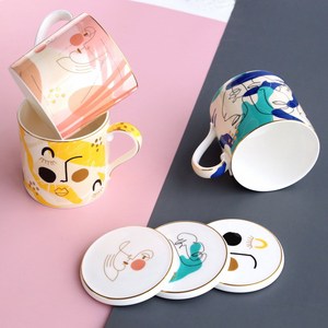 Minimalist Ceramic <b>Tea</b> Cup with Lid and <b>Infuser</b> - Abstract Face Art Coffee <b>Mug</b> - Product Image 1