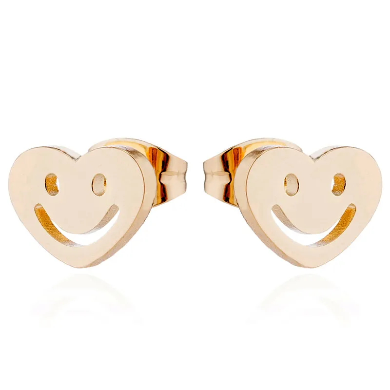 Trendy Non Tarnish 18K Gold Silver Plated Women Stainless Steel Heart Shape Smile Happy Face Stud Earrings Jewelry