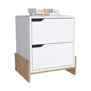 DB Haines Modern White/Macadamia Mesita de noche de 2 cajones con base resistente Depot E-Shop Panel de mesa Estilo madera para uso en apartamentos - Product Image 3
