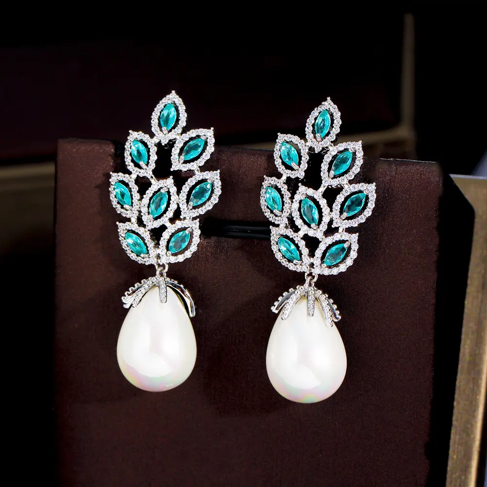 Light Blue Cubic Zircon Crystal Plant Leaf Shape Dangle Big Long Pearl Drop Women Party Wedding Earring Jewelry Accessories
