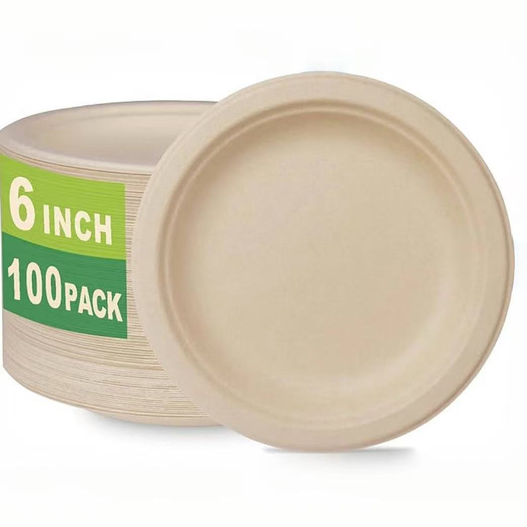 Small Bagasse Paper Plates & Bowls Microwavable & Water & Oil Proof Compostable Dessert Plates for Parties