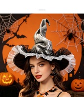 Topi Penyihir Organza Vintage dengan Ruffle, Aksesoris Kepala untuk Pesta Halloween dan Cosplay
