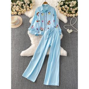 優しいスタイルピンク甘いドーパミン刺繍ブラウスカジュアルルーズハイウエストスリムフィットワイドレッグパンツ2ピースセット - Product Image 1