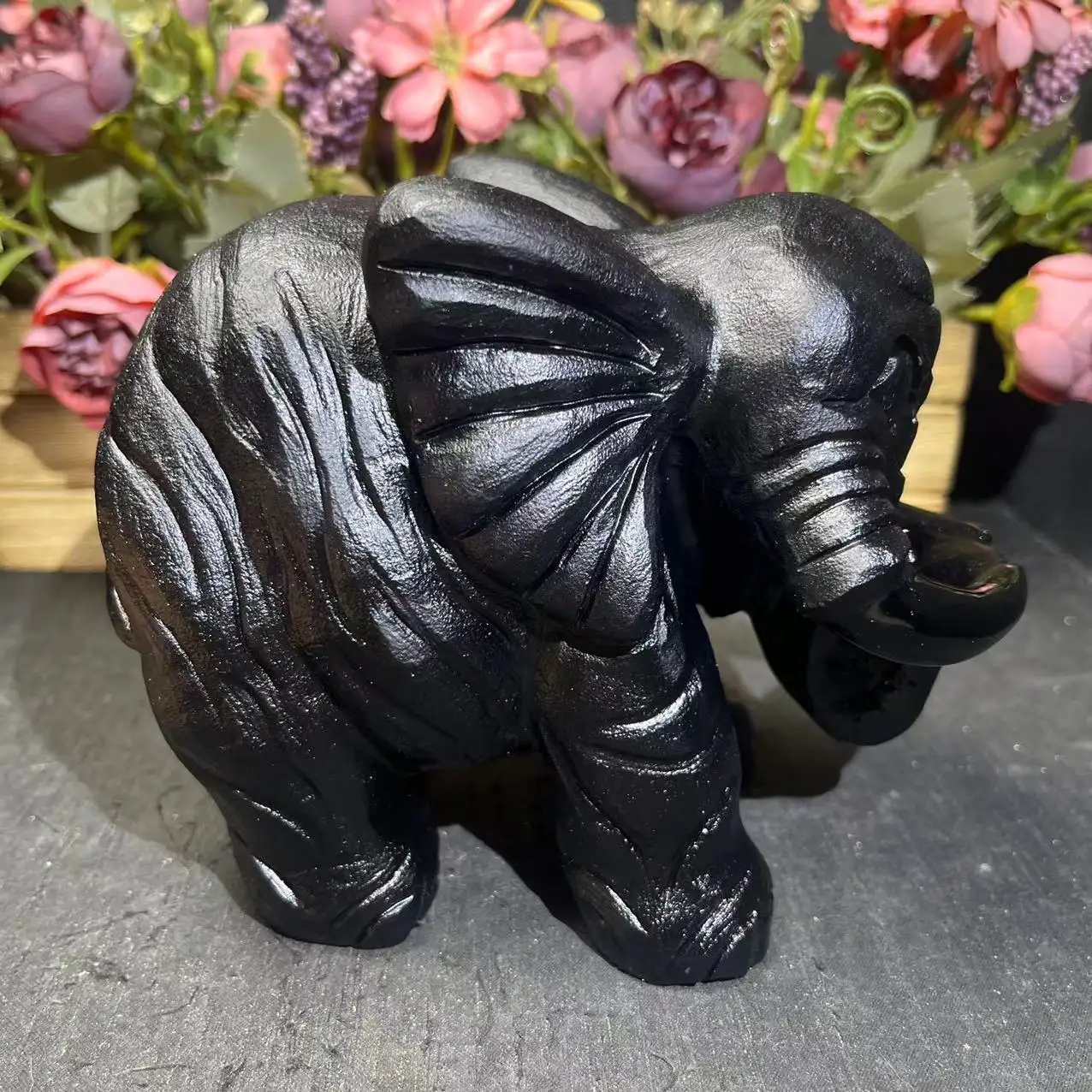 Groothandel Natuurlijke Helende Steen Kristal Houtsnijwerk Zwart Obsidiaan Olifant Voor Decoratie