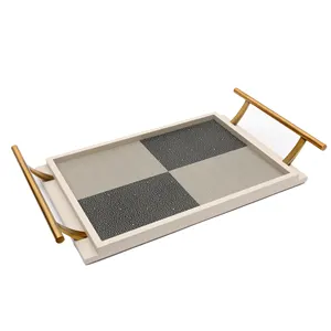 19282Hot Sale Golden Serving Square leather Tray Metal Gold Plated interior decoration tray big luxury decor for Wedding Party