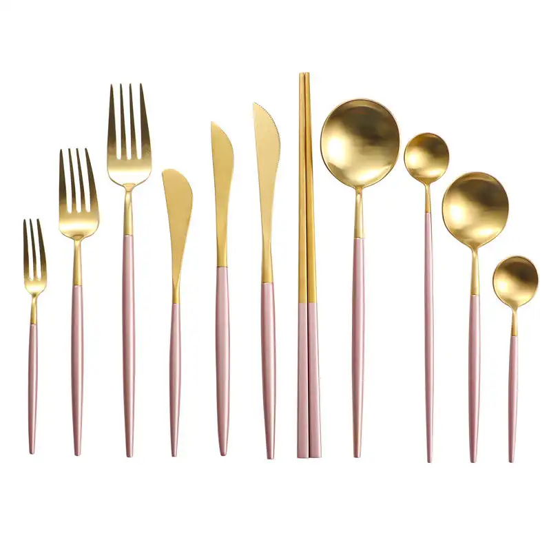 Wedding Restaurant Portugal Silverware Luxury Cutlery Stainless Steel Spoon Knife Fork Matte Pink Gold Flatware Set