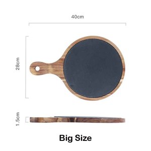 Piatto <span class=keywords><strong>per</strong></span> <span class=keywords><strong>Pizza</strong></span> in legno di Acacia Rock nero con manico in legno <span class=keywords><strong>Base</strong></span> rotonda in ghisa frizzante piastra <span class=keywords><strong>per</strong></span> bistecche ristorante stoviglie - Product Image 5