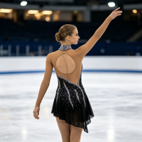 Robe de patinage artistique noire à manches longues et col halter, ornée de strass et de mailles, pour adultes et enfants, pour compétitions et spectacles