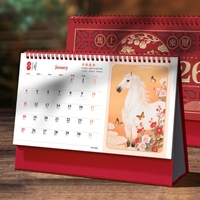 Calendrier en papier doré gravé rouge chinois 2026 - Calendrier cadeau d'affaires personnalisé pour l'année du Cheval dans un style festif