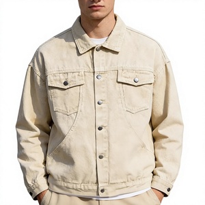 Men's Beige Denim Jacket Regular Fit Solid Color Button Closure Casual Style Autumn Wear 100% Cotton - Product Image 1