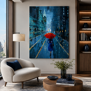 Peinture à l'huile artisanale sur toile, paysage urbain pluvieux, parapluie rouge, rue nocturne urbaine, <span class=keywords><strong>art</strong></span> mural pour la décoration de l'hôtel, du bureau, de l'appartement, du hall - Product Image 1
