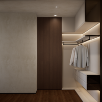 Conception moderne de chambre principale avec dressing intégré et aménagement intérieur de salon pour maison résidentielle