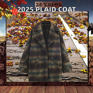 ZATRHMBM 2025 Women's Retro Plaid <b>Blended</b> Coat Long-Sleeved Solid Color Lapel Jacket New Fashion Breathable for Autumn - Product Image 2