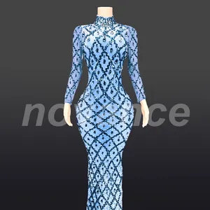 Women Fashion Blingbling Diamond Crystal Mesh Sexy Royal Blue Girls Dress Luxury Mother Of The Bride Beaded Dress Faldas Largas