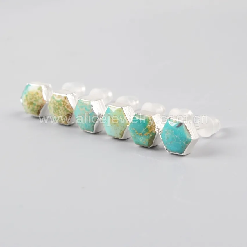 SS039 Fashionable silver earring Sterling Silver Earrings Natural Turquoise Hexagon Gems stone Stud Earrings