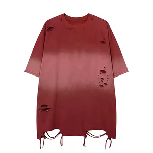 Camiseta Personalizada para Hombre, Estilo Urbano, Degradado, Vintage, Lavada, con Dobladillo Desgarrado, Manga Corta, Verano, Multifuncional, Holgada - Product Image 2