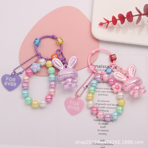 Tươi dễ thương ba chiều Acrylic thỏ Keychain Mặt dây chuyền phong cách mới mạ điện đính cườm Phụ Kiện Đầy Màu sắc Tai nghe bao gồm - Product Image 3