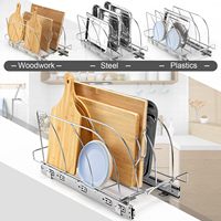 Étagère de rangement coulissante à trois niveaux en acier inoxydable pour planches à découper, avec glissières métalliques, design moderne pour le rangement des assiettes et des couvercles
