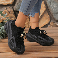 Chaussures décontractées pour femmes, baskets en tricot noir, lacets, perles décoratives, plateforme épaisse, respirantes, chaussures de marche pour femmes