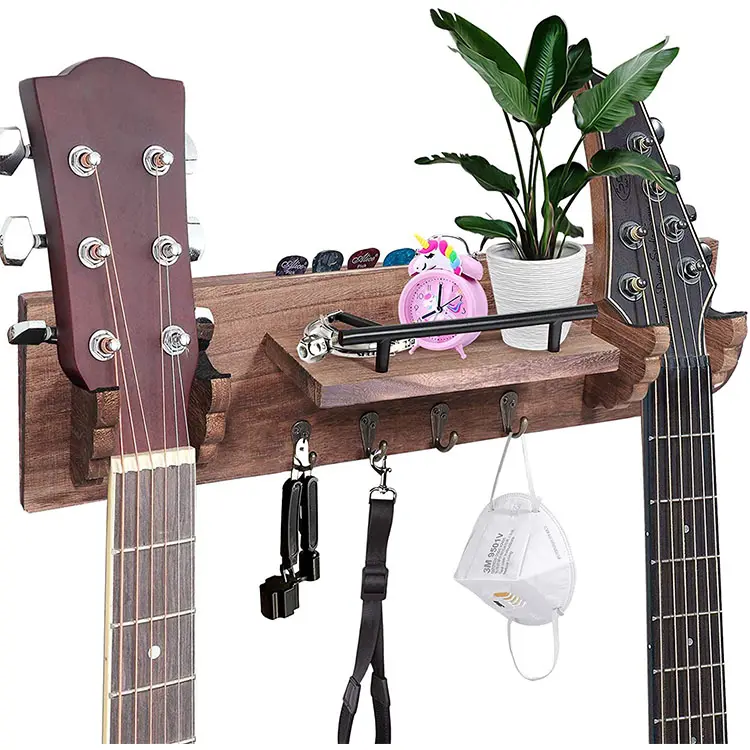 ブラウンダブルギターウォールハンガーピックブラケット木製アコースティックギタースタンド