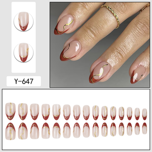 Faux ongles à presser en amande, rouge français, ligne ondulée dorée, réutilisables, vente en gros d'usine, étiquette privée personnalisée, en vrac pour femmes - Product Image 4