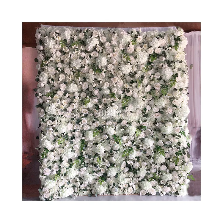 Backdrops Birthday Events Artificial White Silk Flowers Roll Up Green Decor 3D Wedding Flower Wall