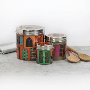 Moroccan Style stainless steel Spice <b>Containers</b> With Lid Round Design For <b>Kitchen</b> <b>Storage</b> Printed Pattern Decorative Food jar - Product Image 1
