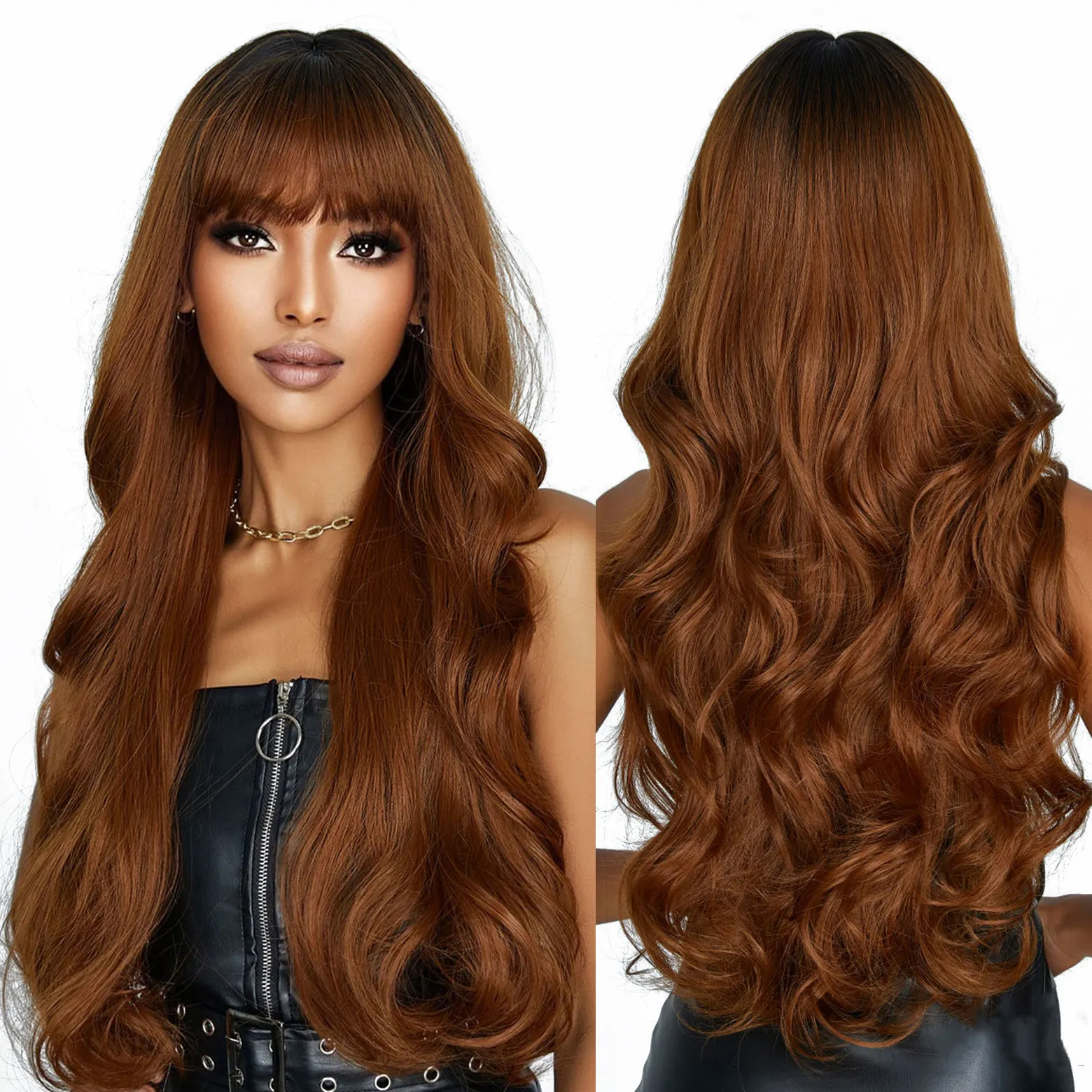 Factory Wholesale Price Ombre Brown Synthetic Heat Resistant Wigs with Bangs Long Water Wavy Chocolate Brown Hairs Wig for Women