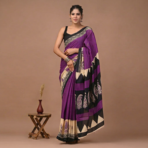 Sari BAGRU BLOCK de Algodón Mulmul con Estampado a Mano Indio - Sari Tradicional Sostenible y Suave para Mujer, Ideal para Bodas y Playa - Product Image 1