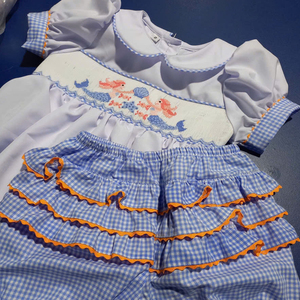 Robe en coton à carreaux bleus style vintage pour petites filles, col Peter Pan, broderie à la main - Product Image 3