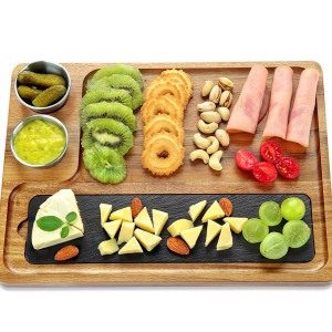 Planche de service <span class=keywords><strong>en</strong></span> bois d'acacia avec 2 bols, <span class=keywords><strong>plateau</strong></span> à <span class=keywords><strong>fromage</strong></span>, <span class=keywords><strong>plateau</strong></span> de service pour cadeaux de mariage - Product Image 1