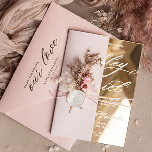 Invitations de mariage en acrylique miroir personnalisées Impression UV Enveloppe en feuille <span class=keywords><strong>d</strong></span>'or avec sceau de cire de fleur sèche pour anniversaires - Product Image 6
