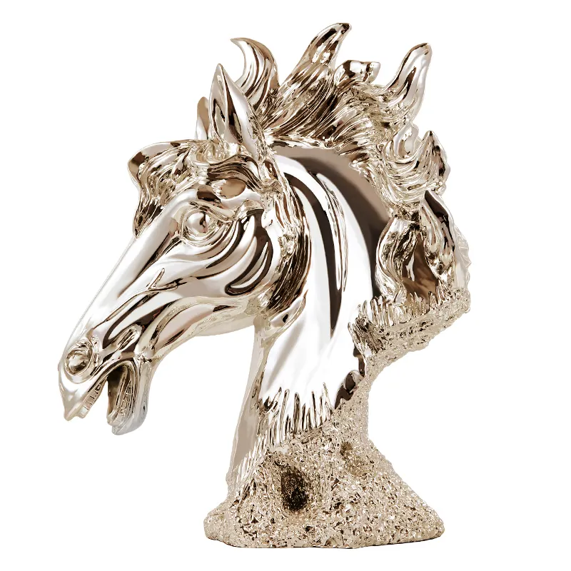 Factory wholesale electroplating rose gold silver color resin horse head sculpture statue decor