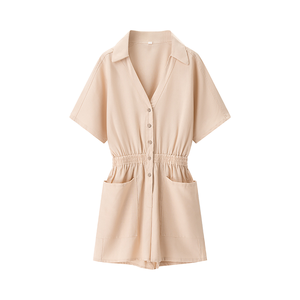 Summer Solid Breathable Turn <b>Down</b> Collar Short Sleeve Buttons up Elastic Waist Casual Fashion Women One Piece Jumpsuit - Product Image 1