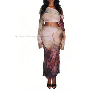 Women's One Shoulder <b>Tie</b> <b>Dye</b> Print Mesh Top & Skirt Side <b>Tie</b> up 2 Piece <b>Set</b> Clothing Women Fashion - Product Image 1