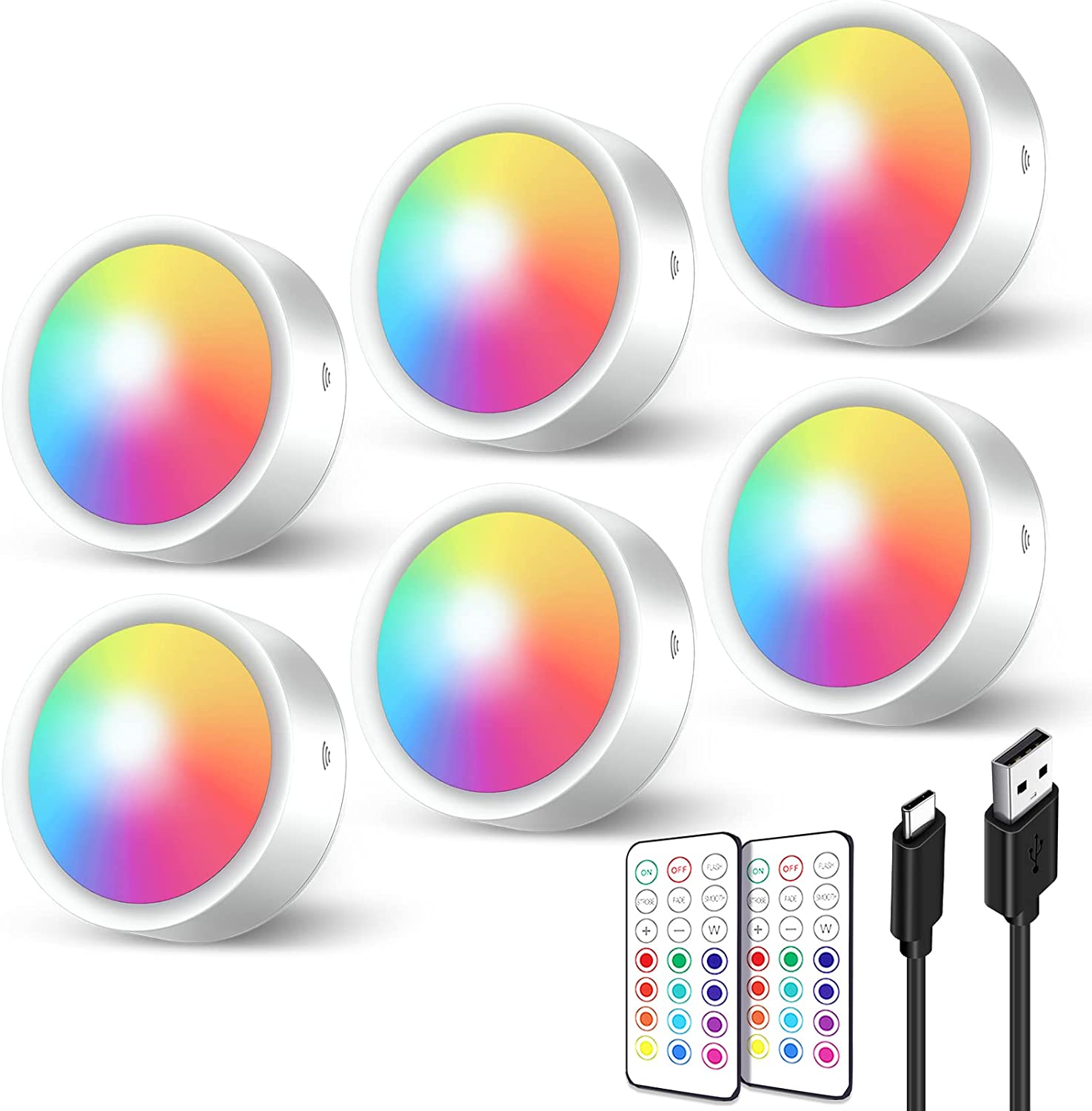 USB Rechargeable Puck Lights with Remote Control Wireless LED Under Cabinet Light Color Changeable Dimmable Under Counter Light