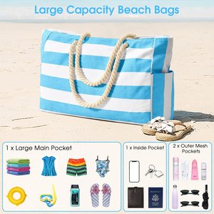 Sacs de plage en toile rayés tendance pour femmes, imperméables et résistants au sable, sacs à main et sacs fourre-tout à bandoulière - Product Image 5
