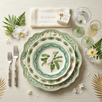 Service de vaisselle en céramique à bords ondulés modernes, plantes tropicales, assiettes en porcelaine, assiettes de service de luxe pour hôtel et restaurant, 6/8/10/12 pouces
