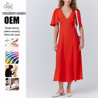 Robe midi décontractée et élégante pour femme, coupe trapèze fluide, col en V, manches volantées, rouge, collection été, personnalisable en usine