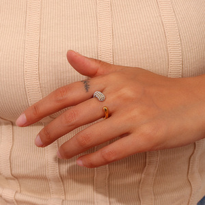 Pave Zircon Open Cuff <b>Ring</b> Pvd 18K Gold Plated Hypoallergenic Stainless Steel <b>Adjustable</b> Trendy Decorative Finger <b>Ring</b> - Product Image 6