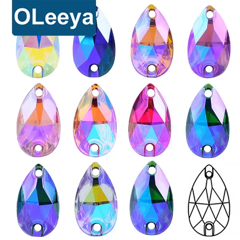 Oleeya Bulk package Sewing Strass Gemstones 13*18mm Teardrop Crystal AB Resin Flat Silver Back Sew on Rhinestone for Clothing