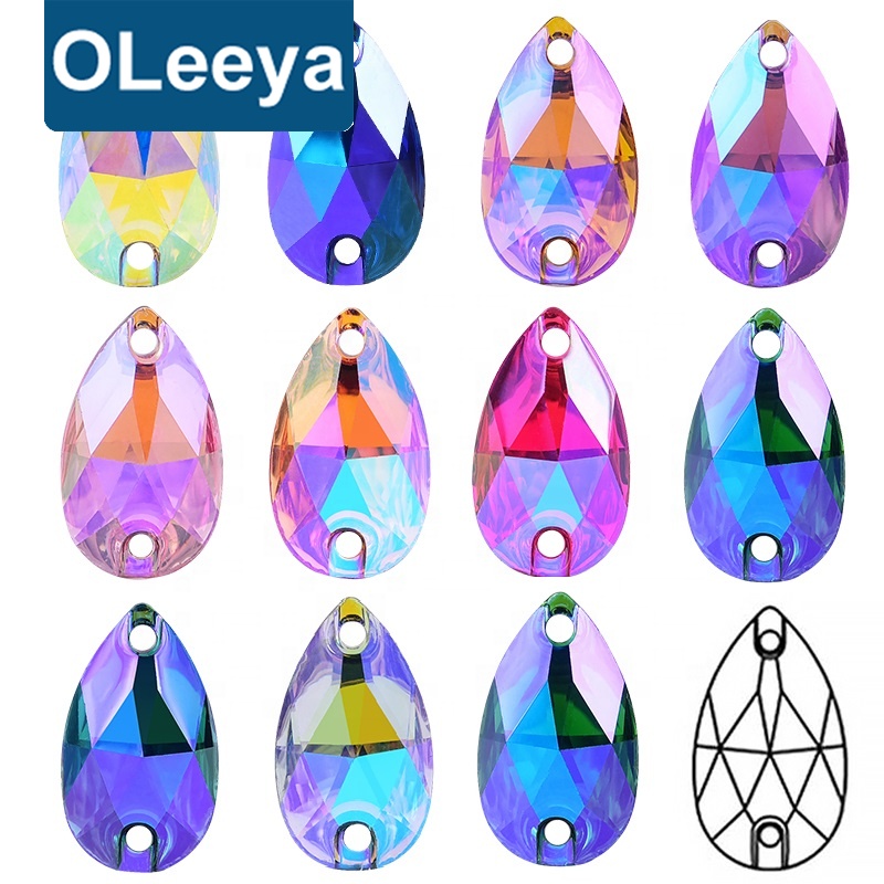 Oleeya Bulk package Sewing Strass Gemstones 13*18mm Teardrop Crystal AB Resin Flat Silver Back Sew on Rhinestone for Clothing