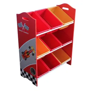 HT-SCKS01 NEW Racing car wooden MDF furniture toy organizer with plastic storage bins for kids car cartoon furniture design